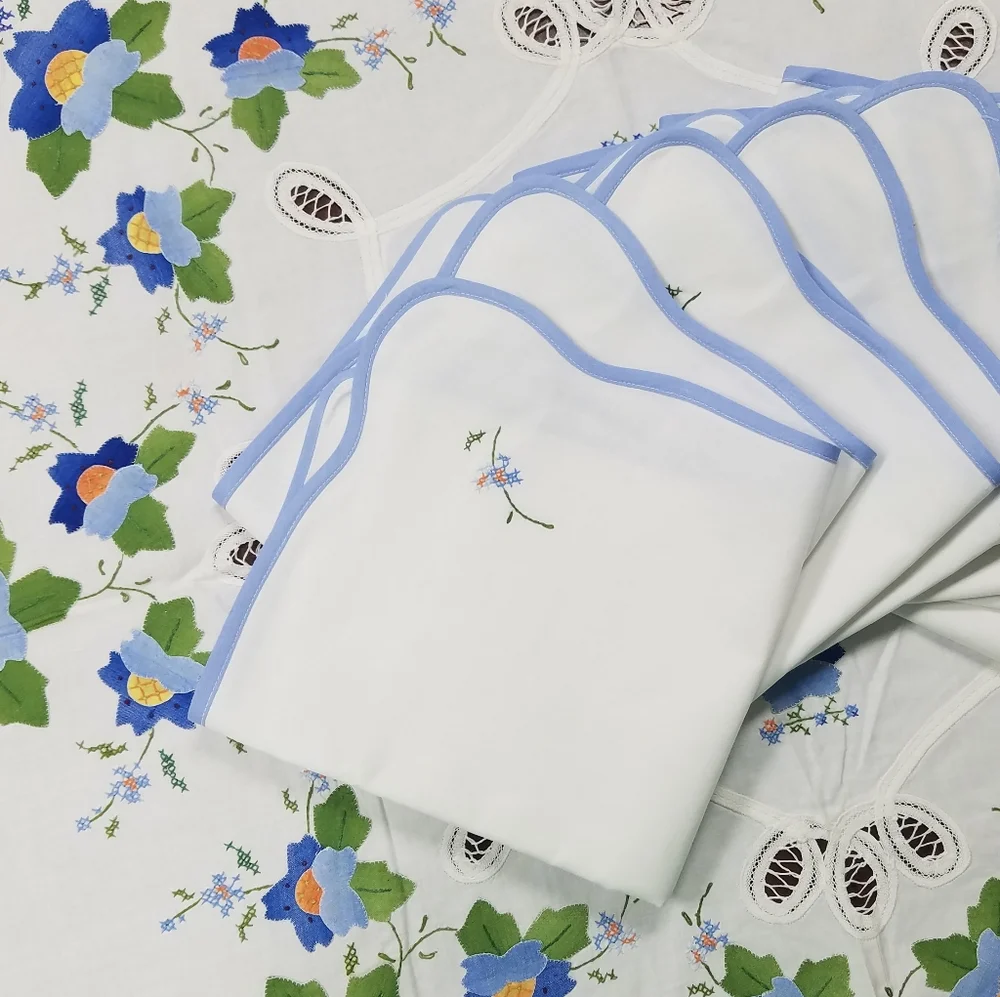 Vintage Floral Applique Round Tablecloth & 8 Napkins Set Blue Trim